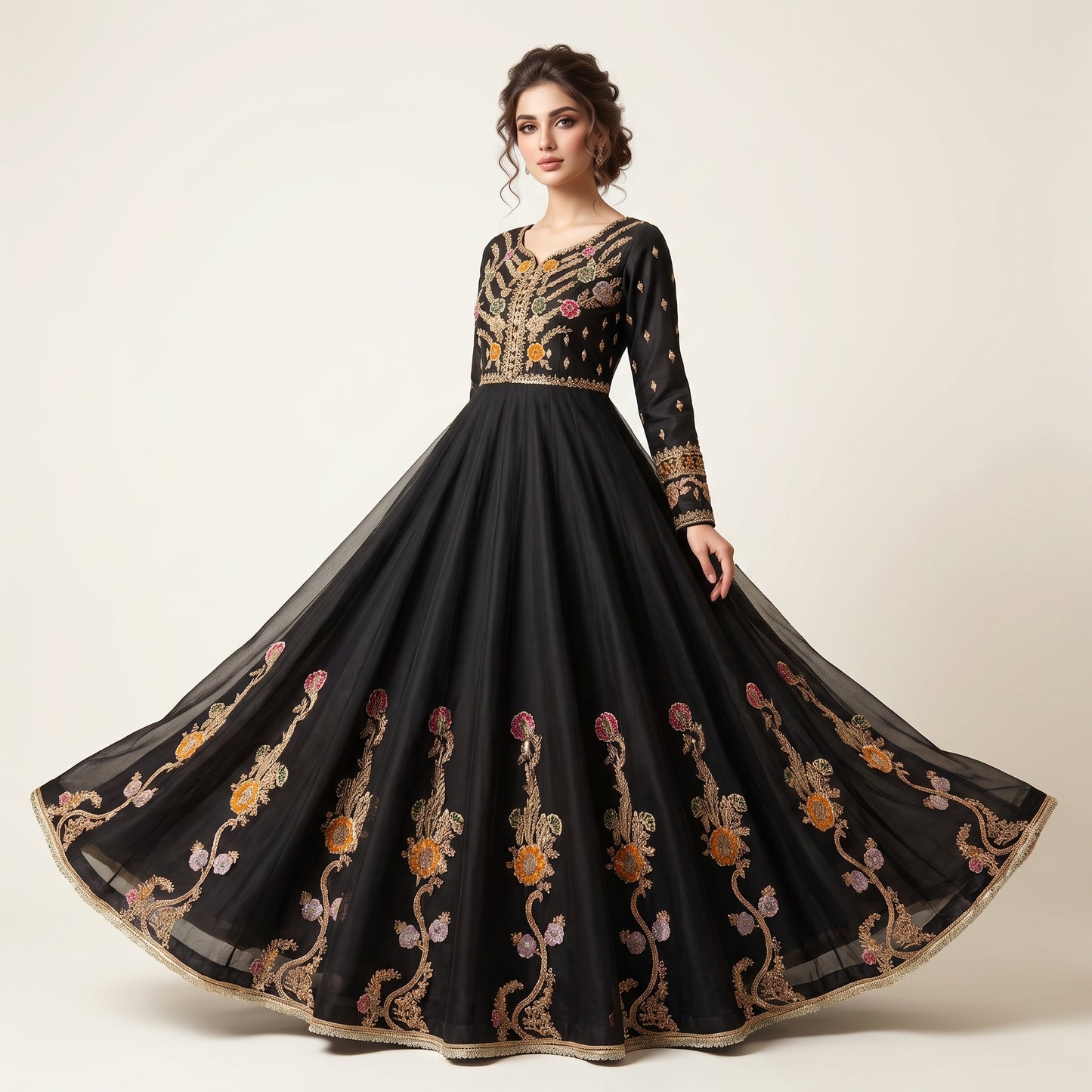 Luxury Black Maxi Dress | Pure Net Embroidery & Handwork
