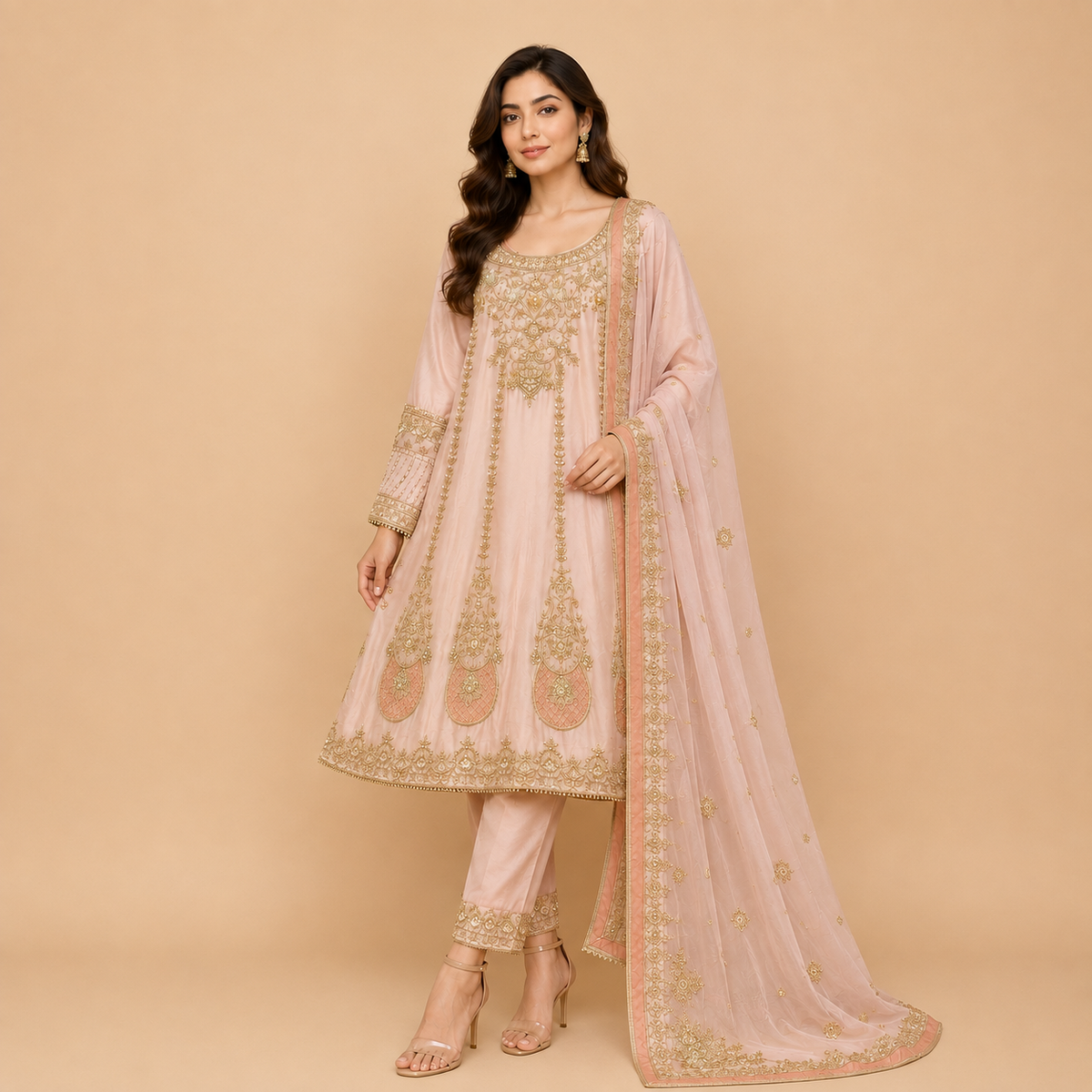 Luxury Peach Frock with Golden Work, Trouser & Dupatta | HM ZARI