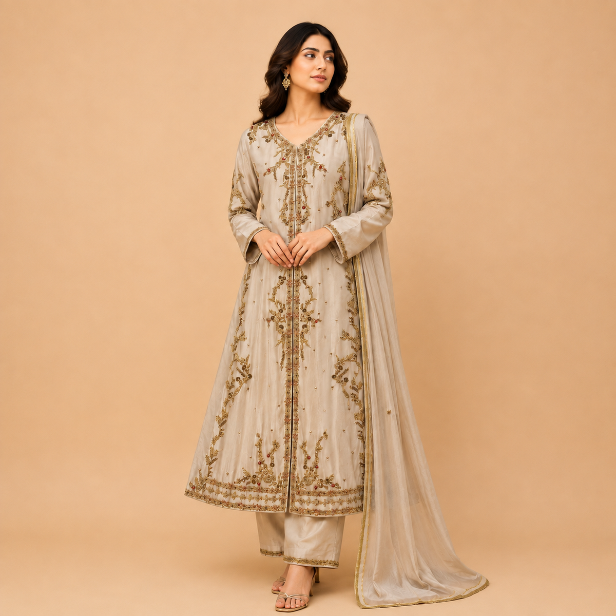 Luxury Skin Gown with Trouser & Dupatta | 100% Handmade Work | HM ZARI