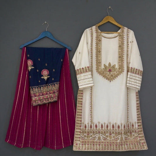 White Sheesha Silk Handworked Shirt, Blue Trouser & Arshi Dupatta