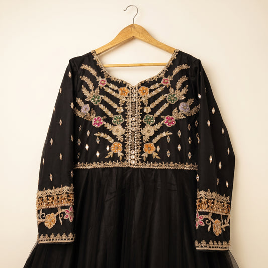 Luxury Black Maxi Dress | Pure Net Embroidery & Handwork