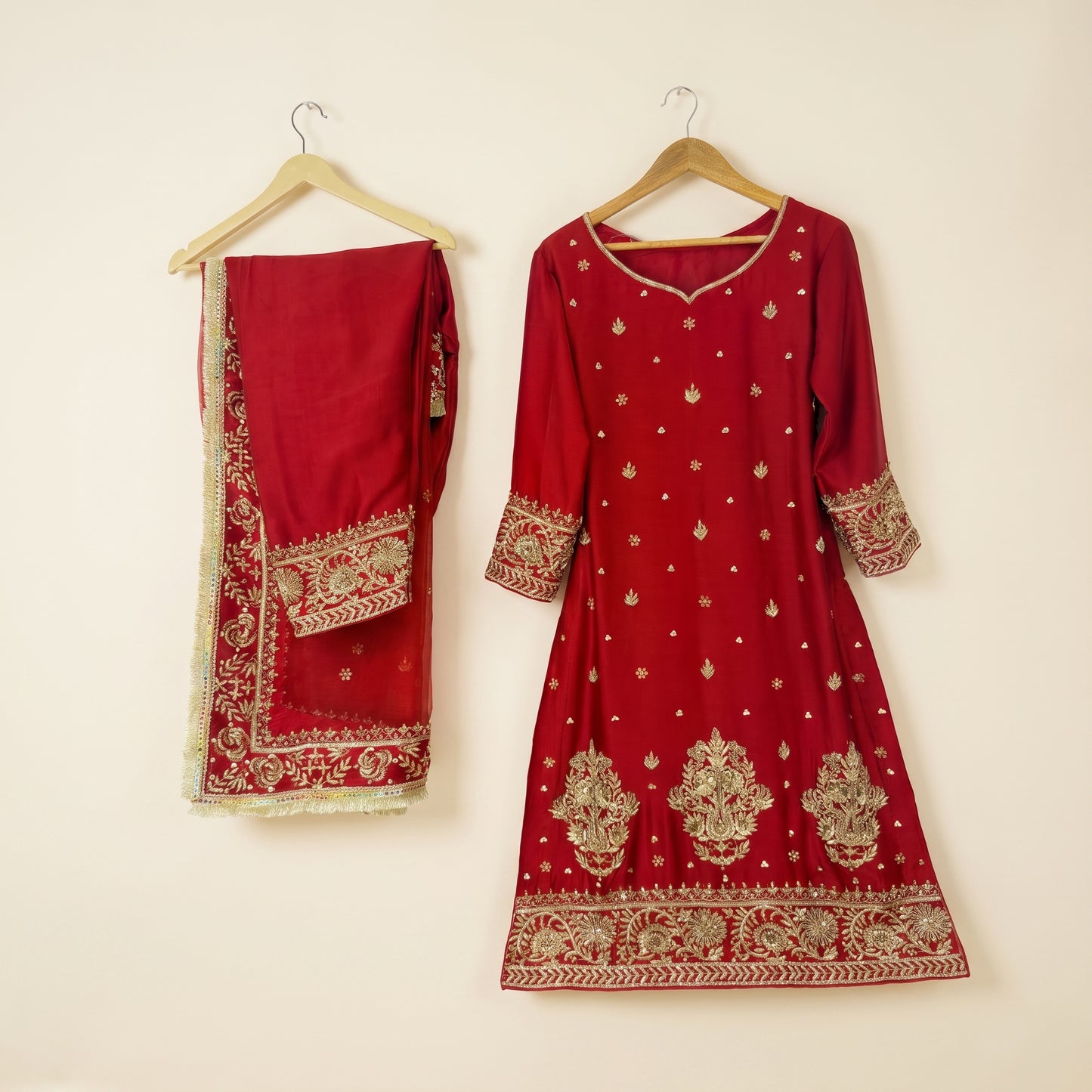 Royal Red Shirt Dupatta & Trouser Set with Gold Antique Handwork