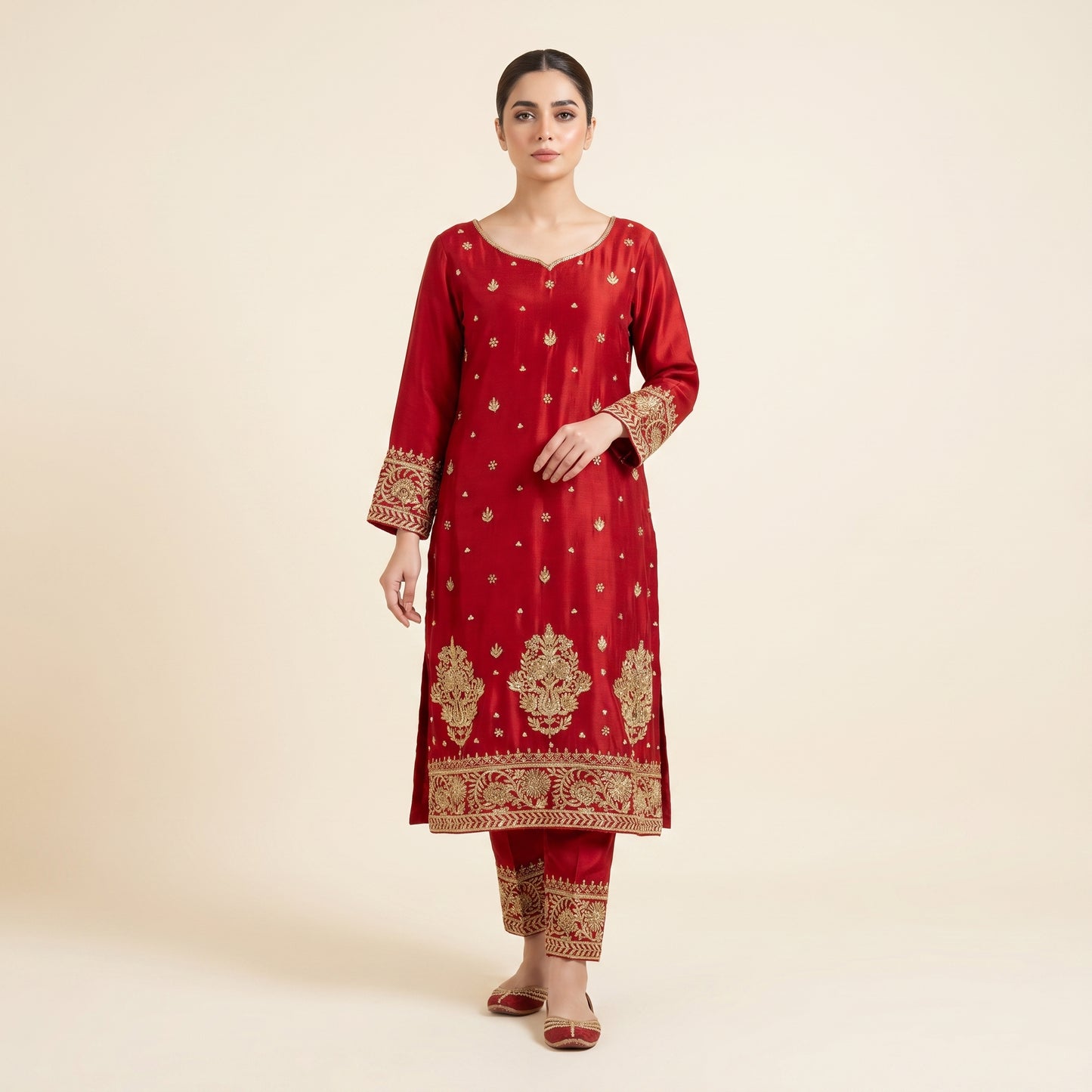 Royal Red Shirt Dupatta & Trouser Set with Gold Antique Handwork