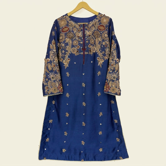 Royal Blue Handcrafted Ensemble | Shirt, Trouser & Dupatta