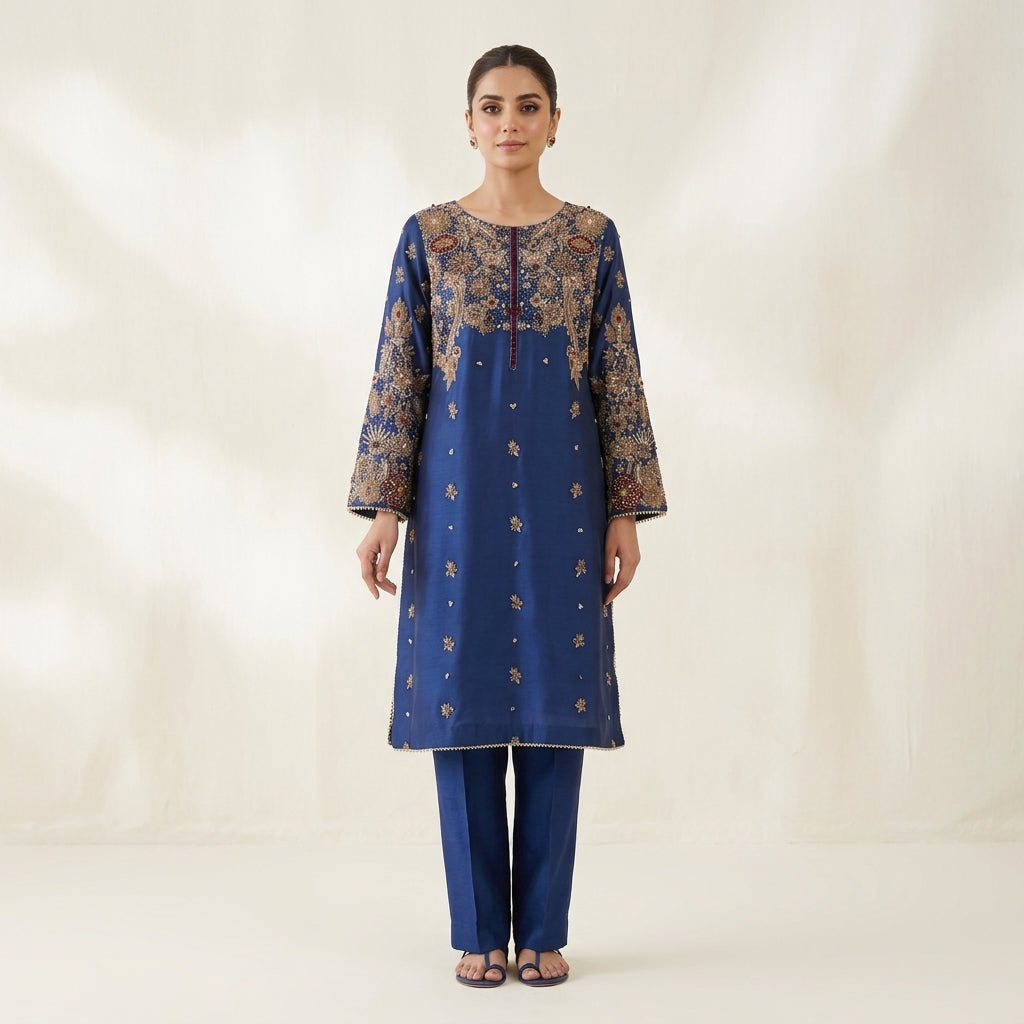 Royal Blue Handcrafted Ensemble | Shirt, Trouser & Dupatta