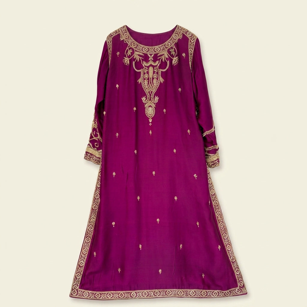 Luxury Purple Gown with Trouser & Dupatta | 100% Handmade Work | HM ZARI