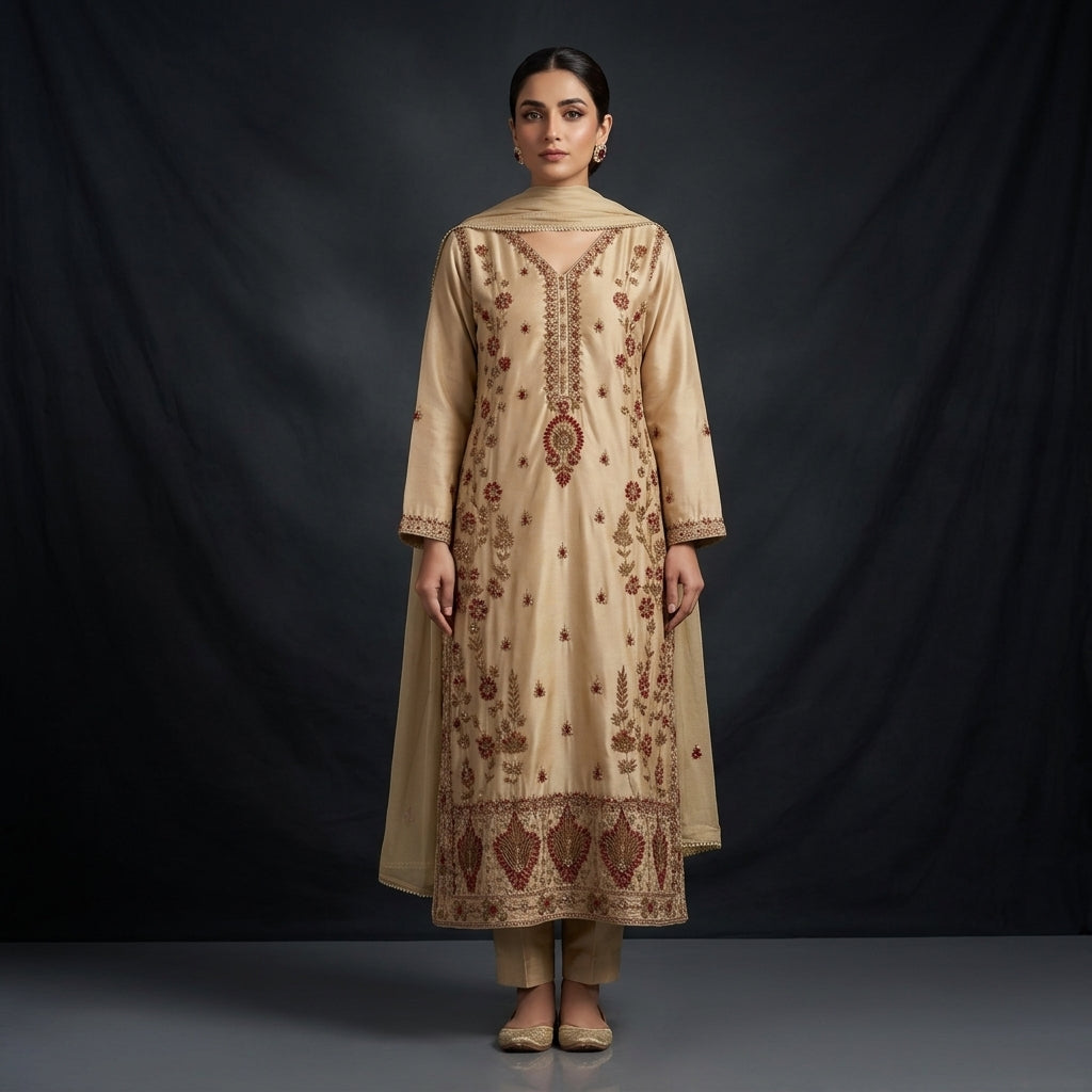 Luxury Skin Shirt, Trouser & Dupatta with Red & Gold Handwork