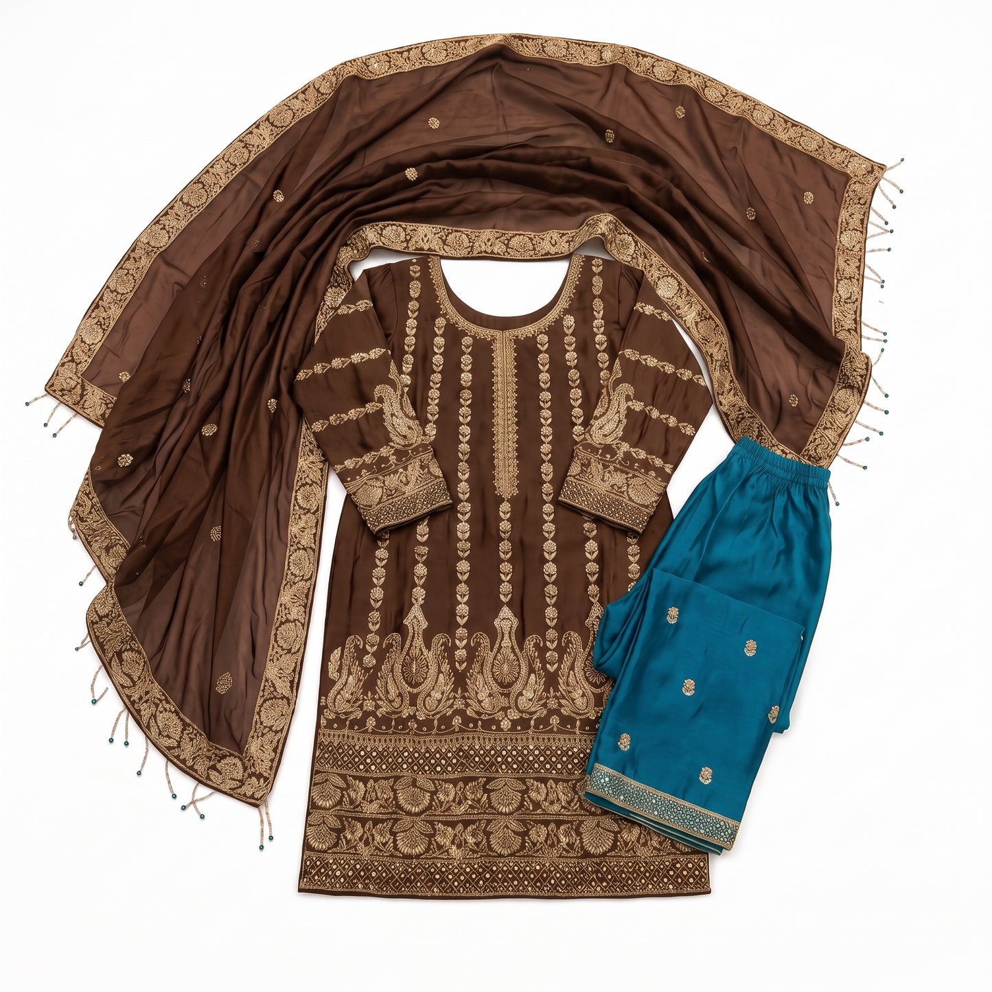 Regal Mocha Handmade Zari Ensemble | Shirt, Trouser & Dupatta