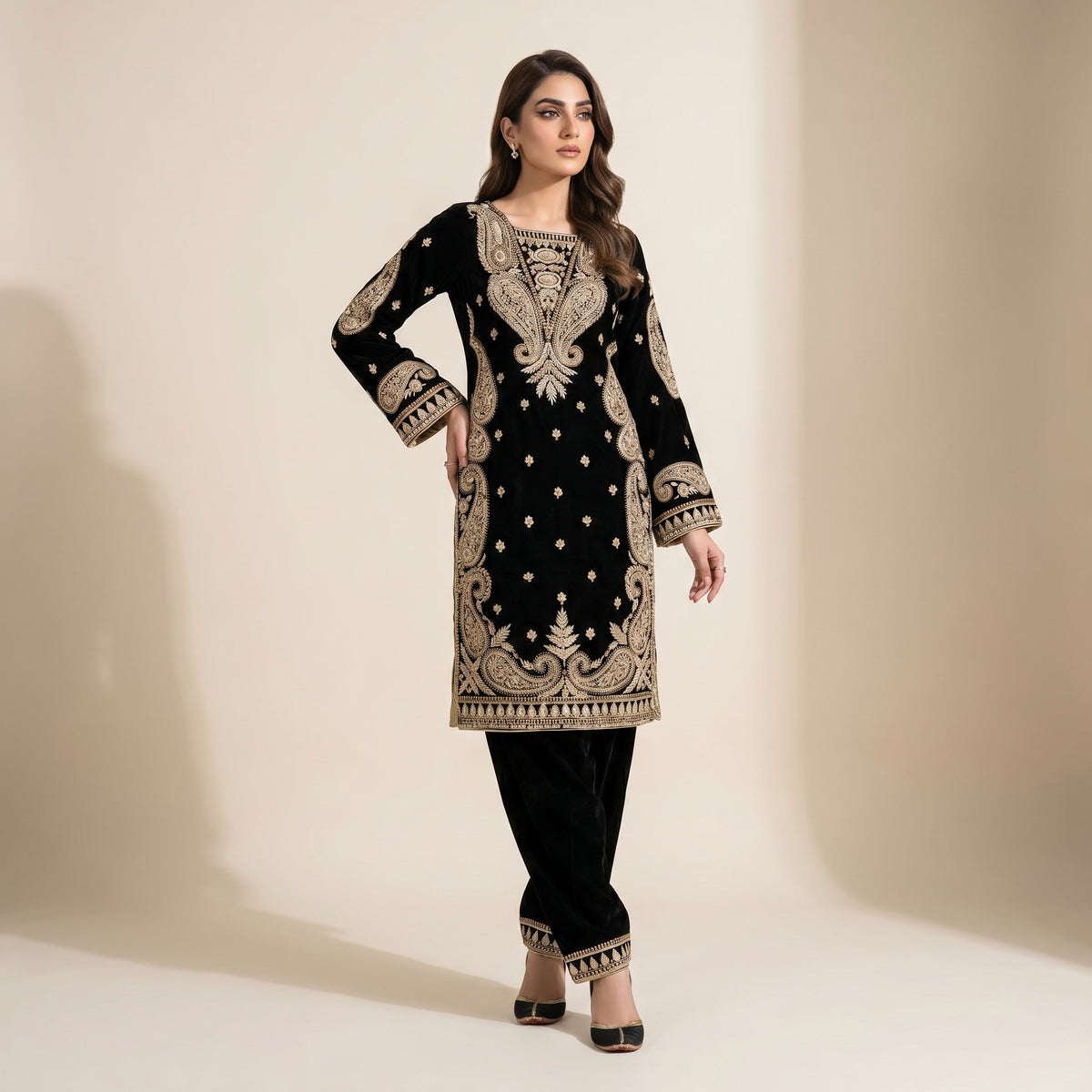 Luxury Handmade Black Velvet Ensemble | Shirt, Trouser & Dupatta