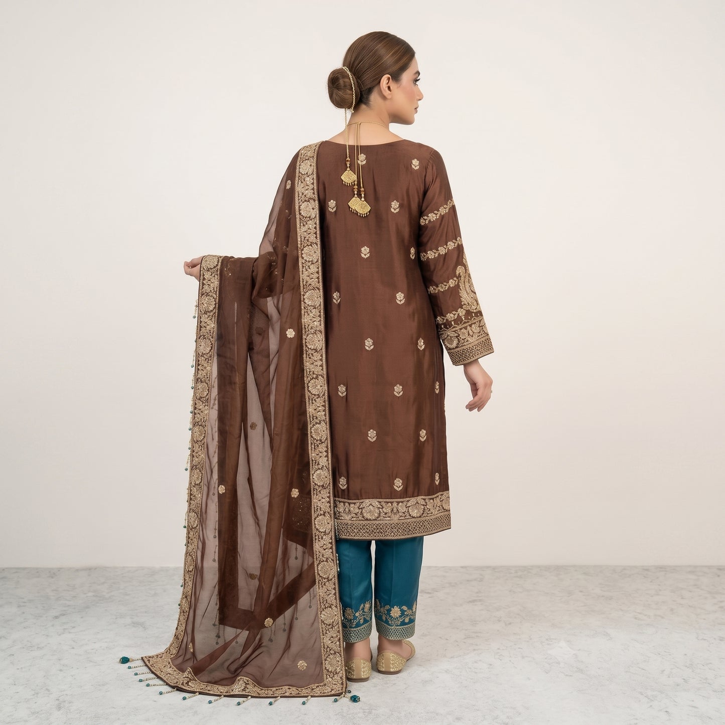 Regal Mocha Handmade Zari Ensemble | Shirt, Trouser & Dupatta