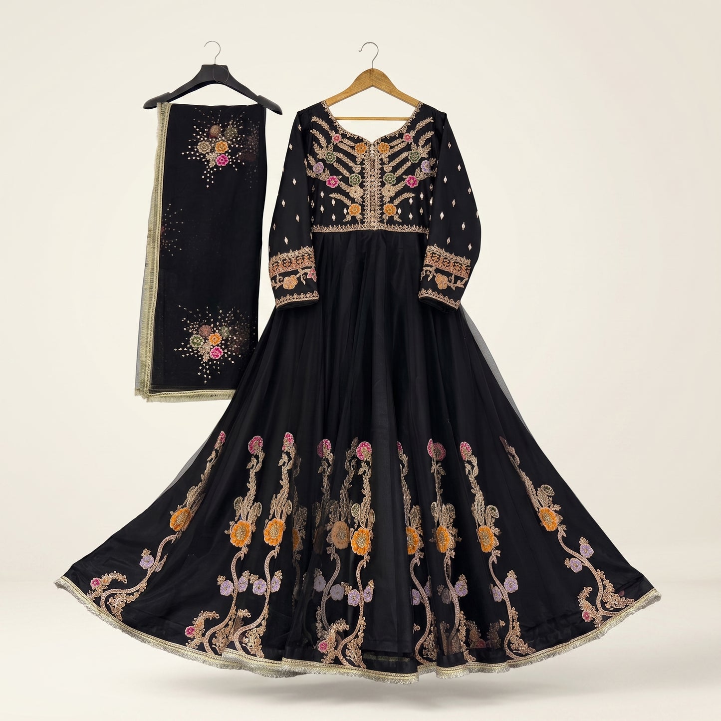 Luxury Black Maxi Dress | Pure Net Embroidery & Handwork