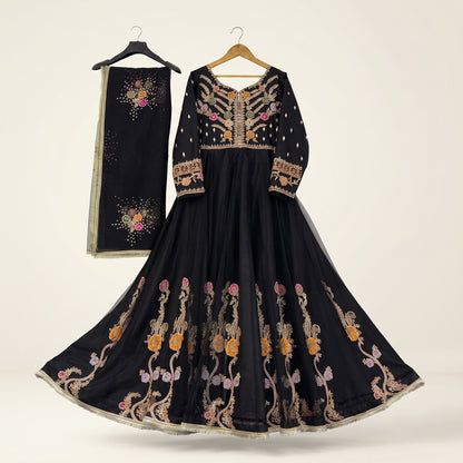 Luxury Black Maxi Dress | Pure Net Embroidery & Handwork