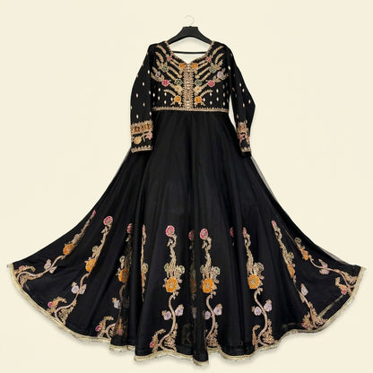 Luxury Black Maxi Dress | Pure Net Embroidery & Handwork