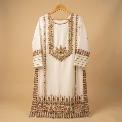 White Sheesha Silk Handworked Shirt, Blue Trouser & Arshi Dupatta