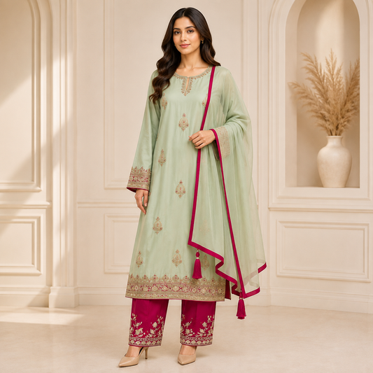 Luxury Pista Green Shirt with Red Trouser & Dupatta | HM ZARI