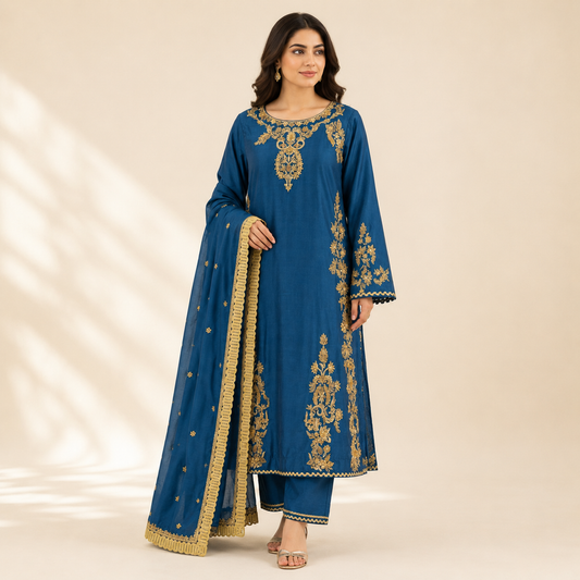Designer Blue Shirt, Trouser & Dupatta | Premium Handmade Work