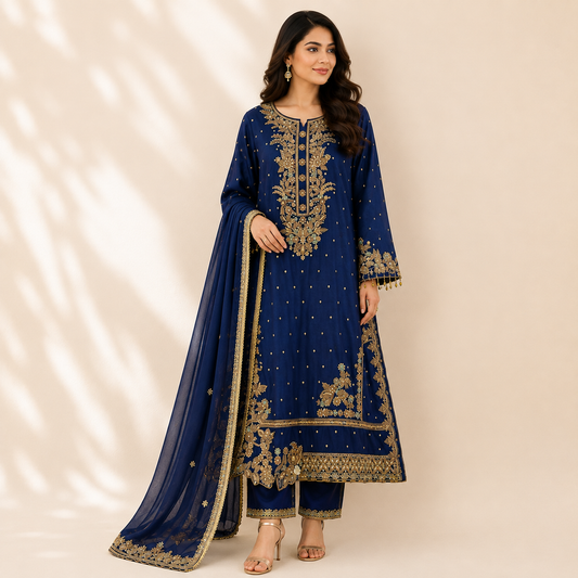 Luxury Navy Blue Shirt with Golden Handwork | HM ZARI