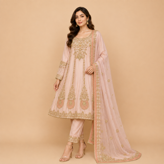 Luxury Peach Frock with Golden Work, Trouser & Dupatta | HM ZARI