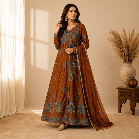 Luxury Brown Angrakha Shirt with Trouser & Dupatta | Handmade Work | HM ZARI
