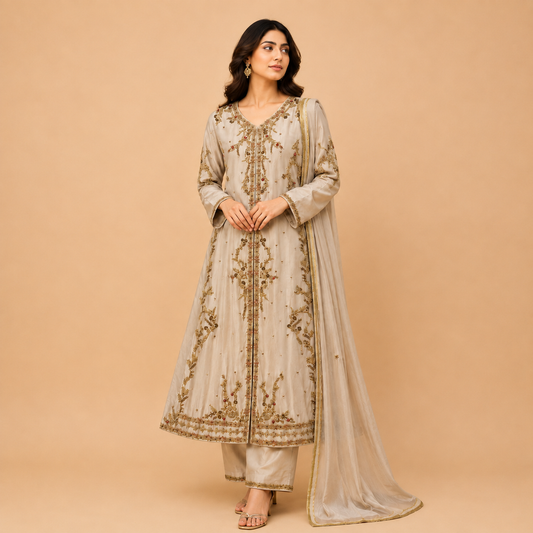 Luxury Skin Gown with Trouser & Dupatta | 100% Handmade Work | HM ZARI