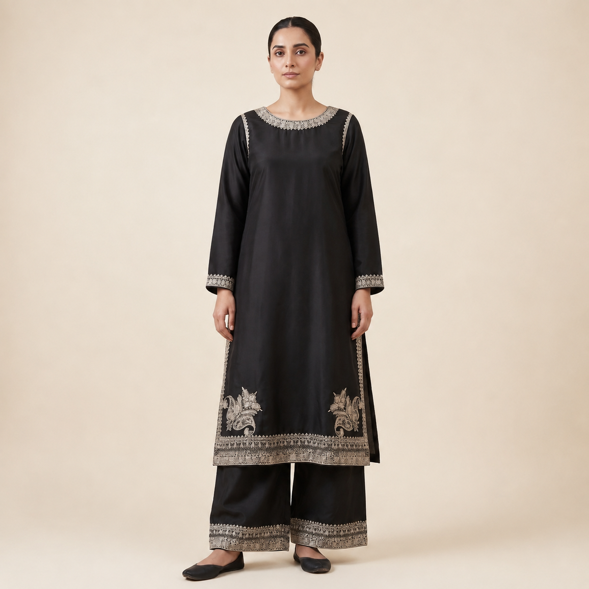 Luxury Black Handmade Shirt, Trouser & Dupatta | 100% Handmade Work | HM ZARI