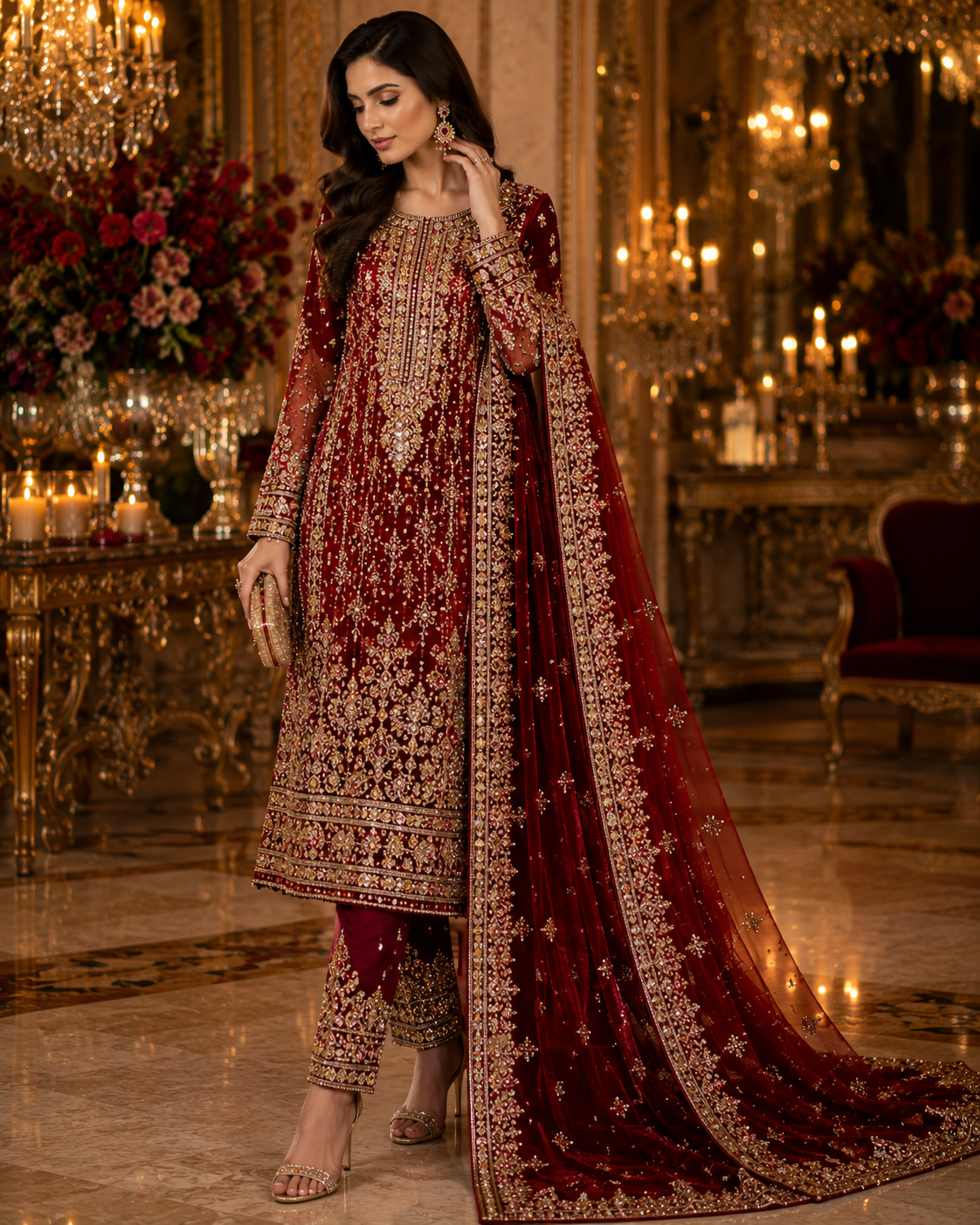 Golden Grace Handcrafted Shirt, Trouser & Dupatta