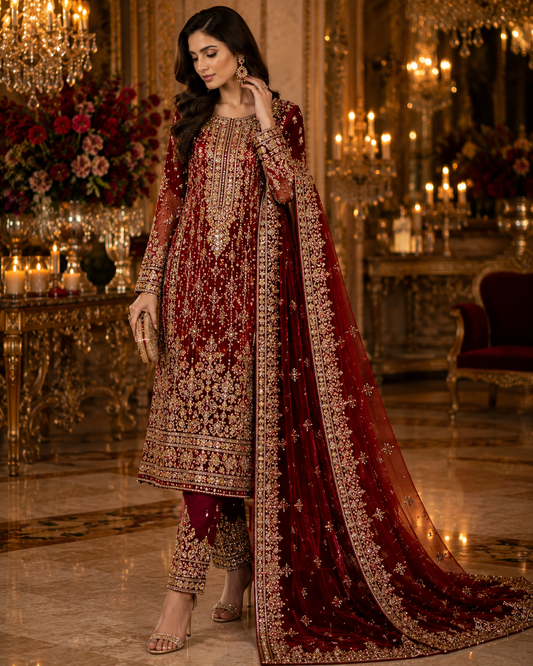 Golden Grace Handcrafted Shirt, Trouser & Dupatta