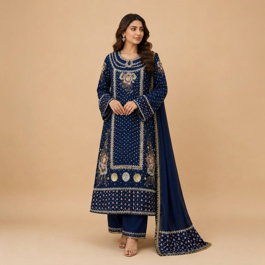 Luxury Navy Blue Handmade Shirt, Trouser & Dupatta | 100% Muse Work | HM ZARI