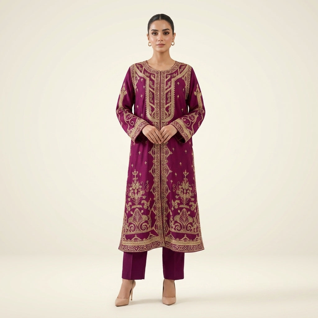 Luxury Purple Gown with Trouser & Dupatta | 100% Handmade Work | HM ZARI
