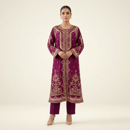 Luxury Purple Gown with Trouser & Dupatta | 100% Handmade Work | HM ZARI