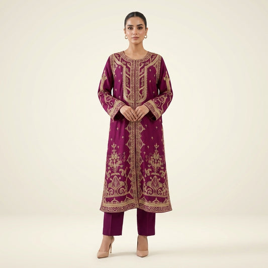 Luxury Purple Gown with Trouser & Dupatta | 100% Handmade Work | HM ZARI