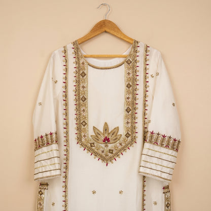 White Sheesha Silk Handworked Shirt, Blue Trouser & Arshi Dupatta