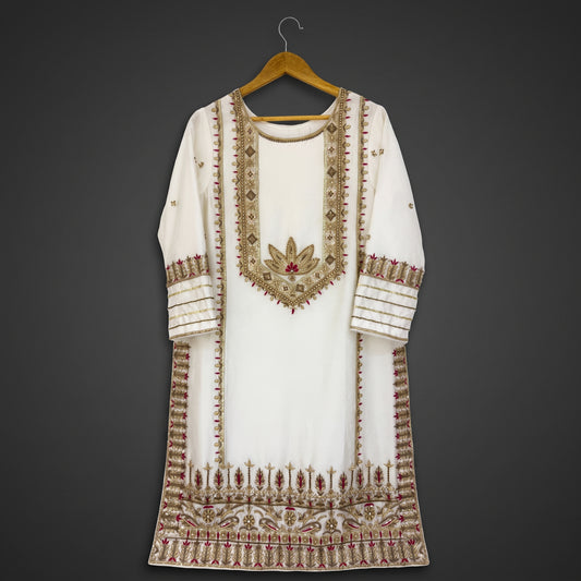 White Sheesha Silk Handworked Shirt, Blue Trouser & Arshi Dupatta