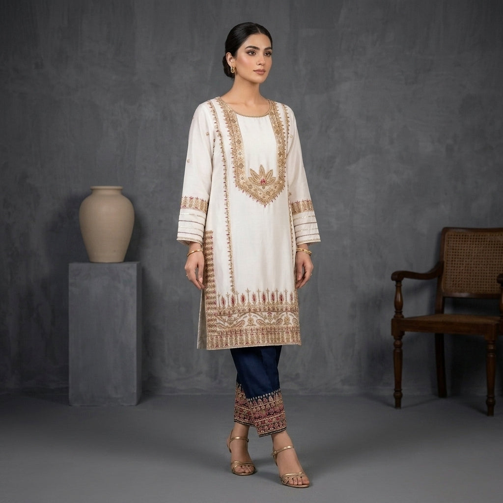 White Sheesha Silk Handworked Shirt, Blue Trouser & Arshi Dupatta