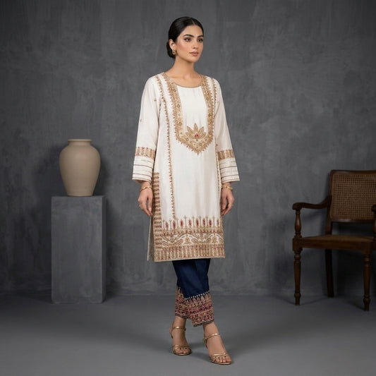 White Sheesha Silk Handworked Shirt, Blue Trouser & Arshi Dupatta