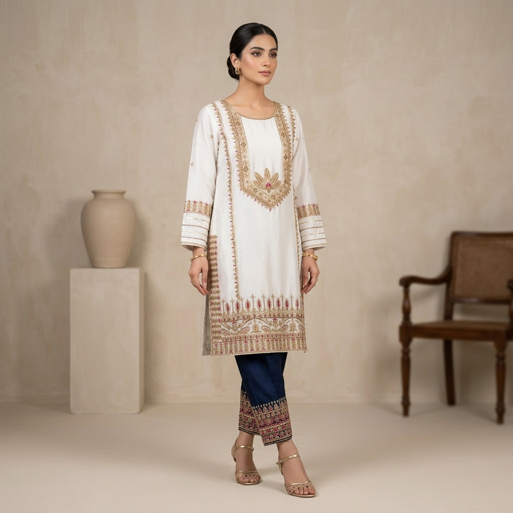 White Sheesha Silk Handworked Shirt, Blue Trouser & Arshi Dupatta