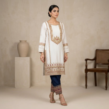 White Sheesha Silk Handworked Shirt, Blue Trouser & Arshi Dupatta