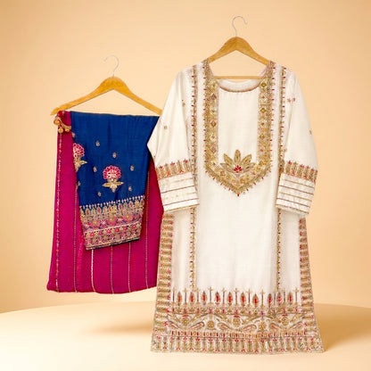 White Sheesha Silk Handworked Shirt, Blue Trouser & Arshi Dupatta
