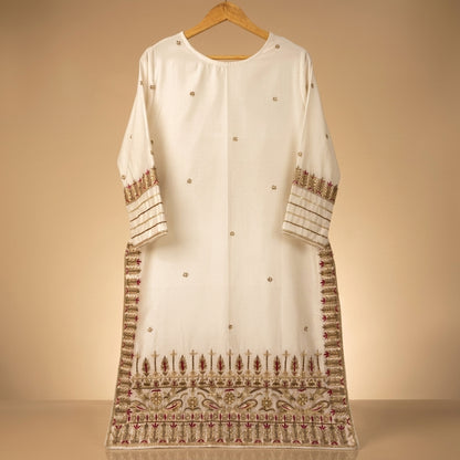 White Sheesha Silk Handworked Shirt, Blue Trouser & Arshi Dupatta