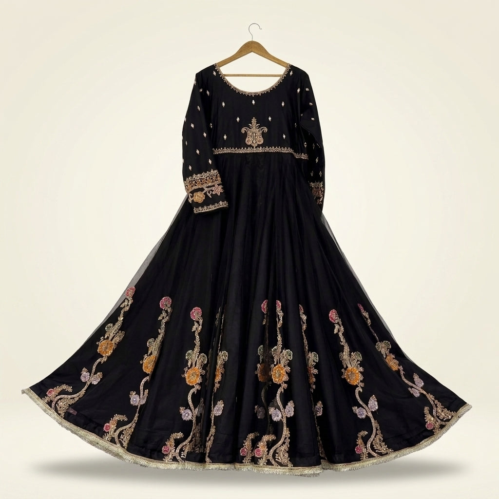 Luxury Black Maxi Dress | Pure Net Embroidery & Handwork