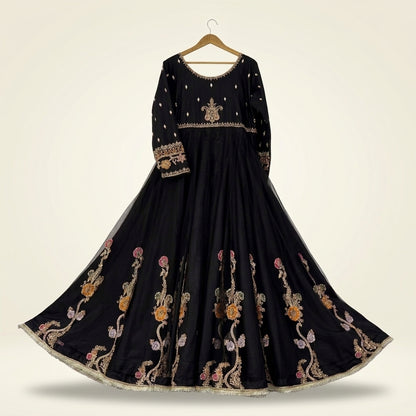Luxury Black Maxi Dress | Pure Net Embroidery & Handwork