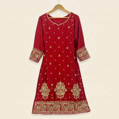 Royal Red Shirt Dupatta & Trouser Set with Gold Antique Handwork