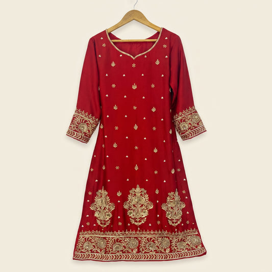Royal Red Shirt Dupatta & Trouser Set with Gold Antique Handwork