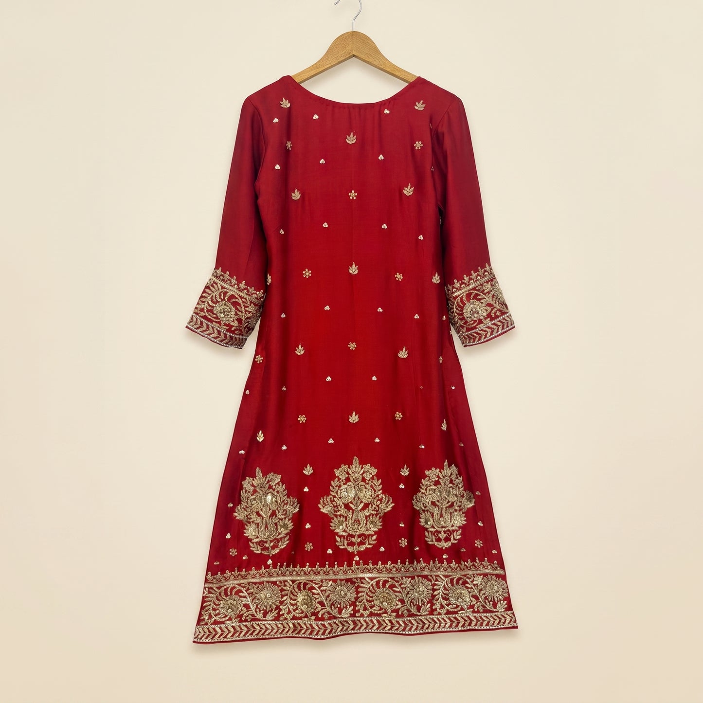 Royal Red Shirt Dupatta & Trouser Set with Gold Antique Handwork