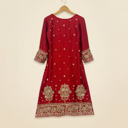 Royal Red Shirt Dupatta & Trouser Set with Gold Antique Handwork