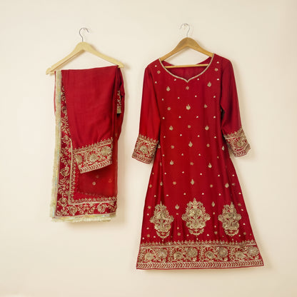 Royal Red Shirt Dupatta & Trouser Set with Gold Antique Handwork