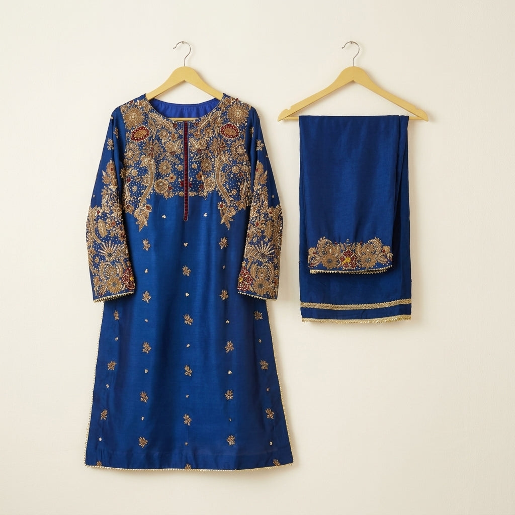 Royal Blue Handcrafted Ensemble | Shirt, Trouser & Dupatta