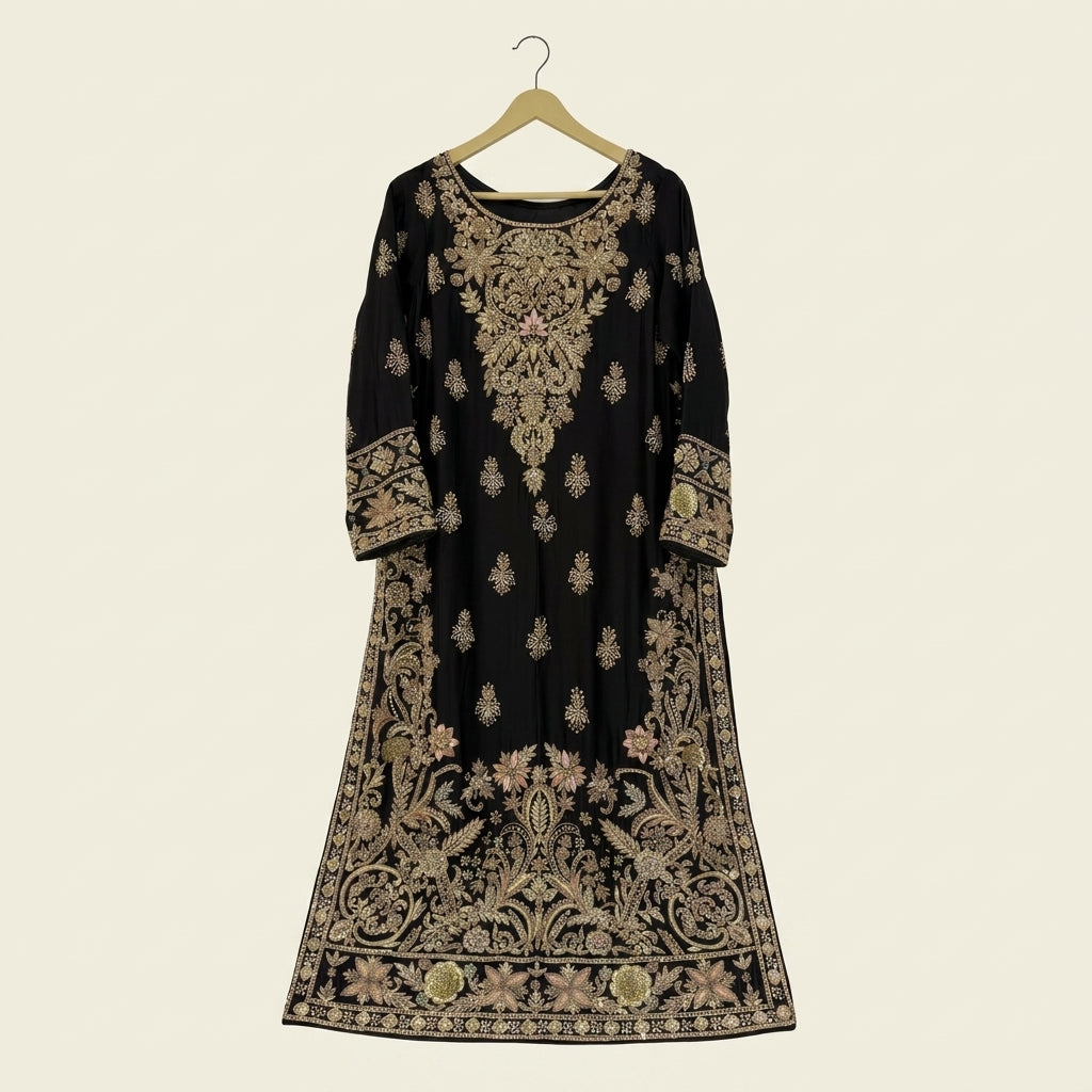 Luxury Black Shirt, Sharara & Dupatta with 100% Handmade Gold Work