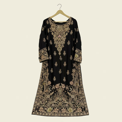 Luxury Black Shirt, Sharara & Dupatta with 100% Handmade Gold Work