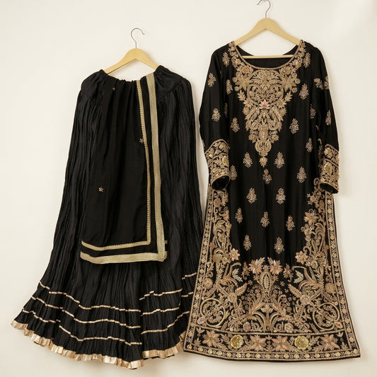 Luxury Black Shirt, Sharara & Dupatta with 100% Handmade Gold Work